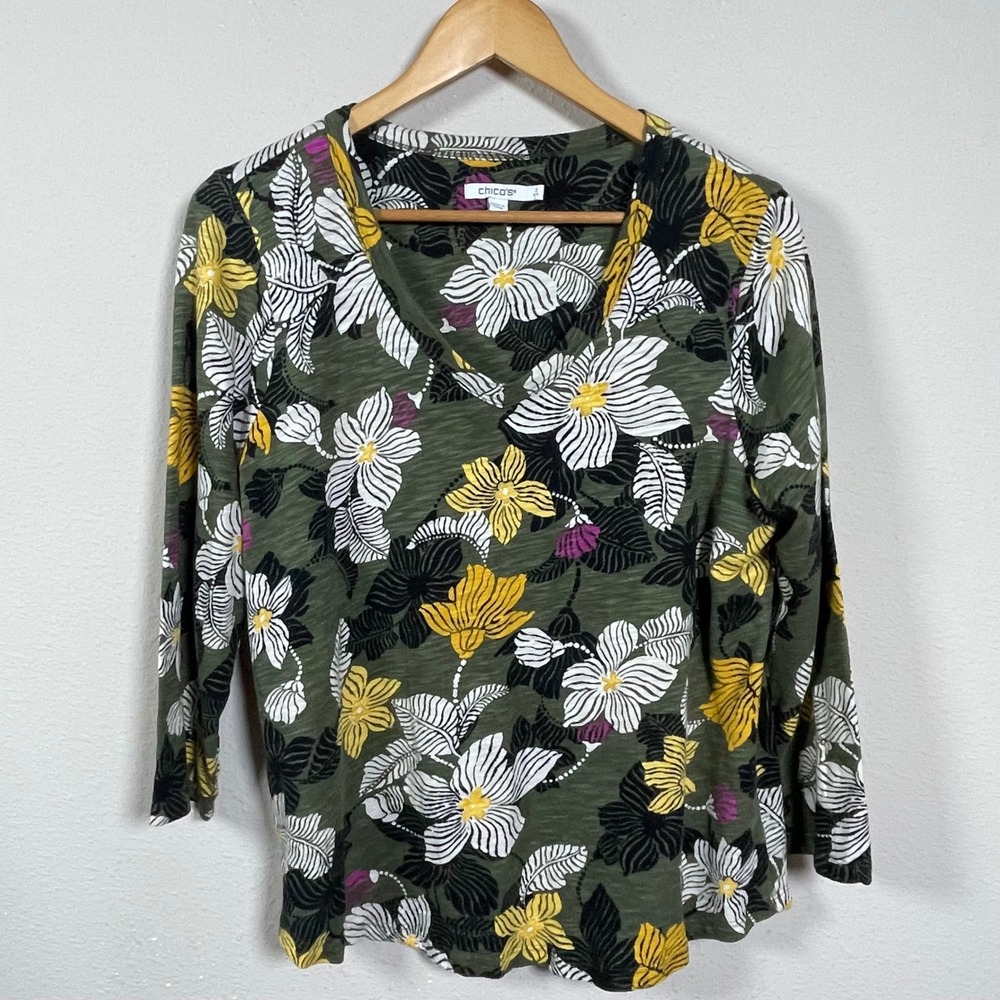 Chico's Floral Slub Knit Top Women Size 2 L Green Yellow Tropical 3/4 Sleeve Top
